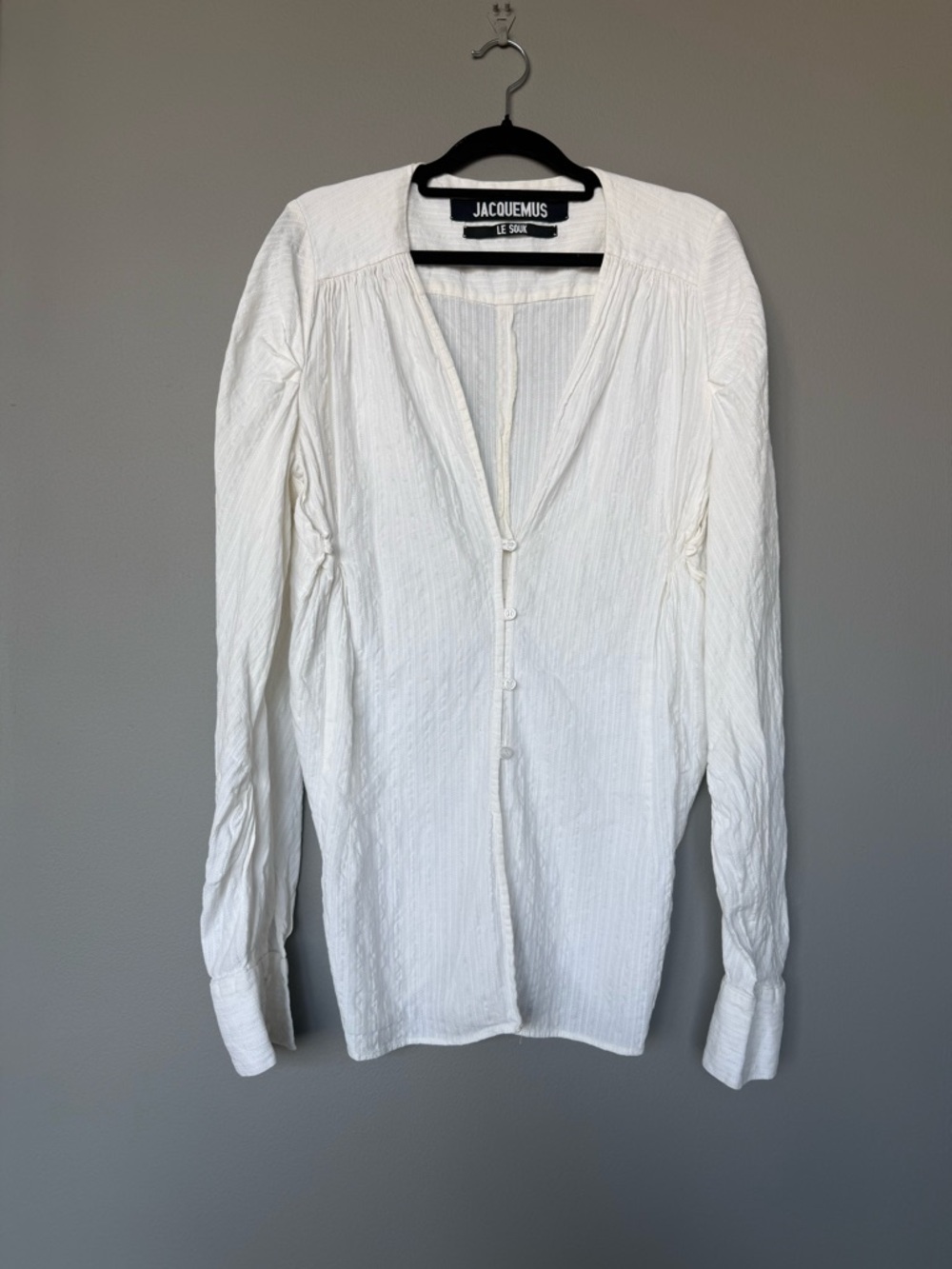 Jacquemus Le Souk Crinkled V-Neck Button Blouse